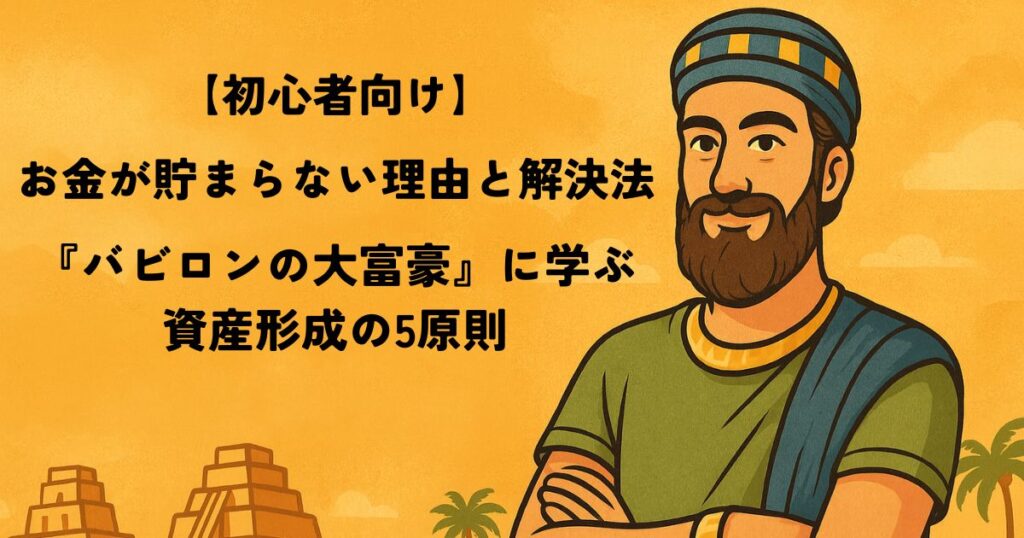 『バビロンの大富豪』の教えをもとに、お金が貯まらない理由とその解決法を初心者向けにわかりやすく解説する資産形成記事のアイキャッチ画像